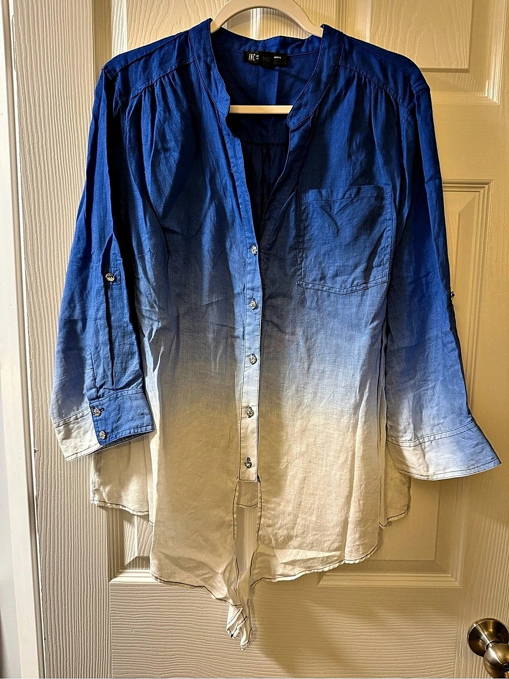 INC International Concepts Linen-Blend Tie-Front Ombre Blouse Blue & White 16 W
